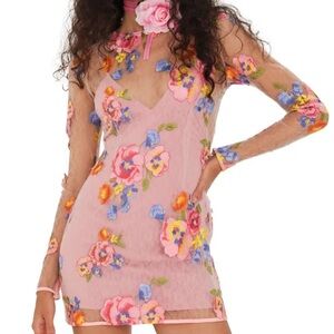 NWT For Love & Lemons S Percy Mini Dress Floral Embroidery Bow Sheer Mesh Pearls